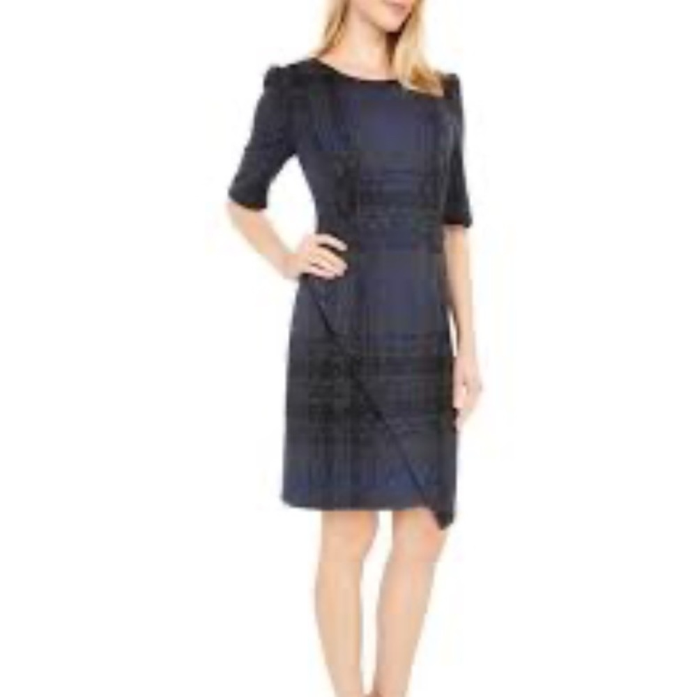 Betsey Johnson Plaid Navy and Black Asymmetrical Midi Dress
